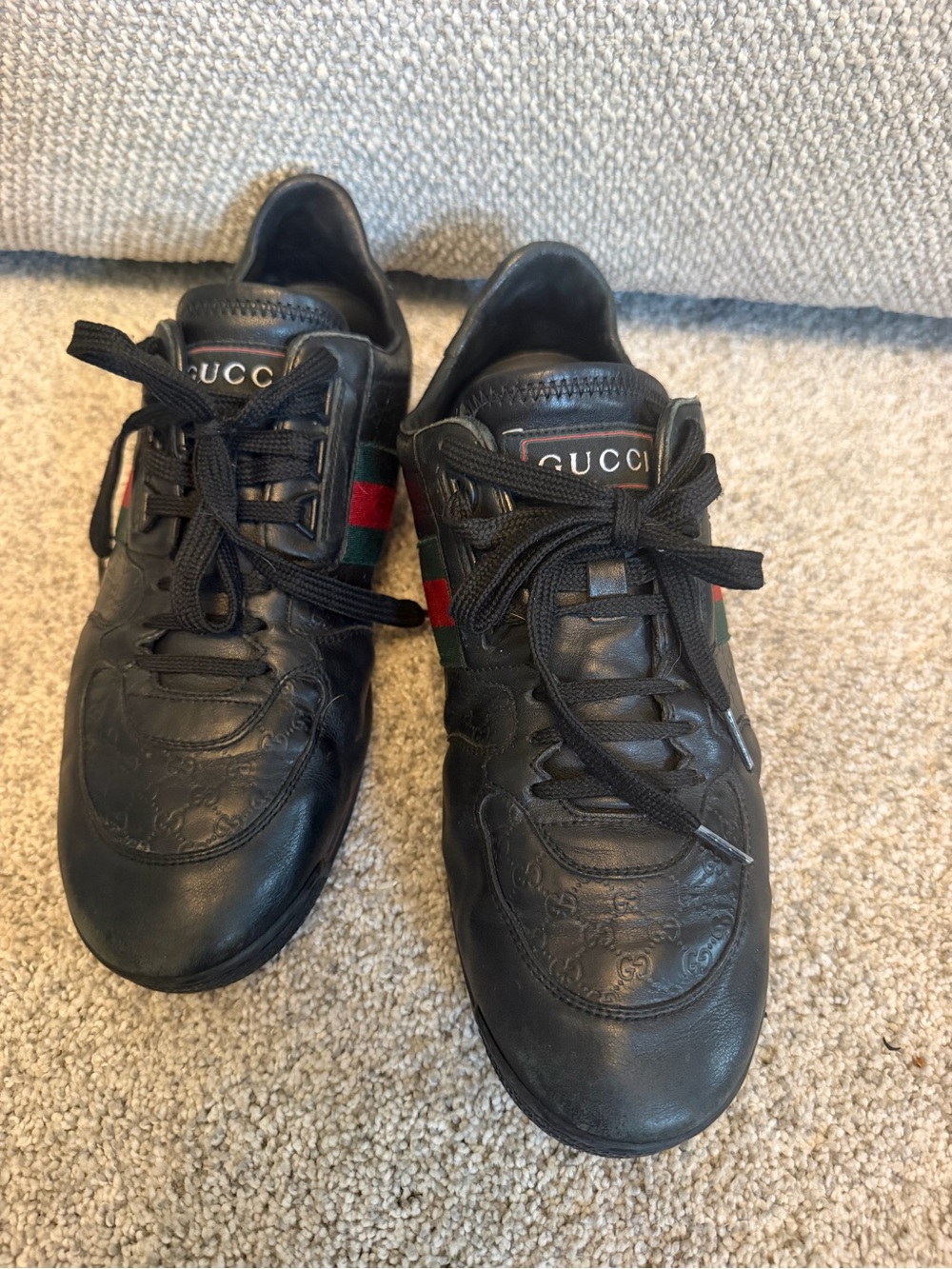 Gucci Black Leather Sneakers with Green and Red Web Stripe